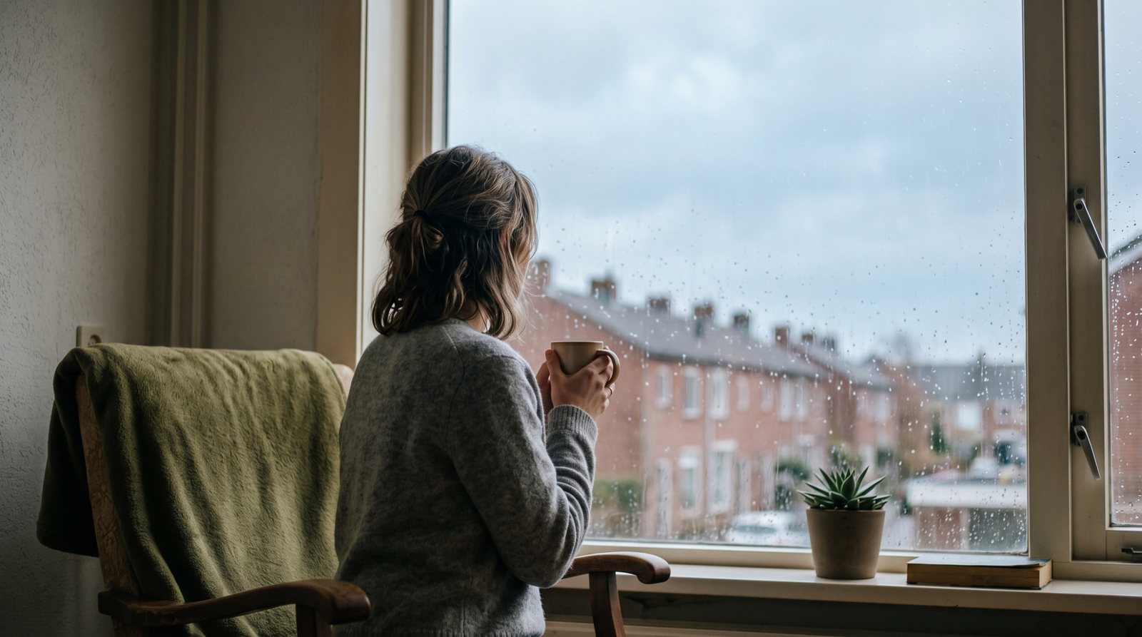 Een vrouw met een kop thee kijkt door een raam met regendruppels naar buiten