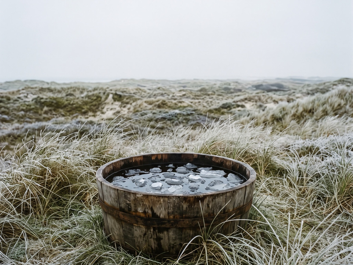 Een houten tobbe met donker water en drijvende stukken ijs tussen berijpt duingras, onder een grijze winterlucht.