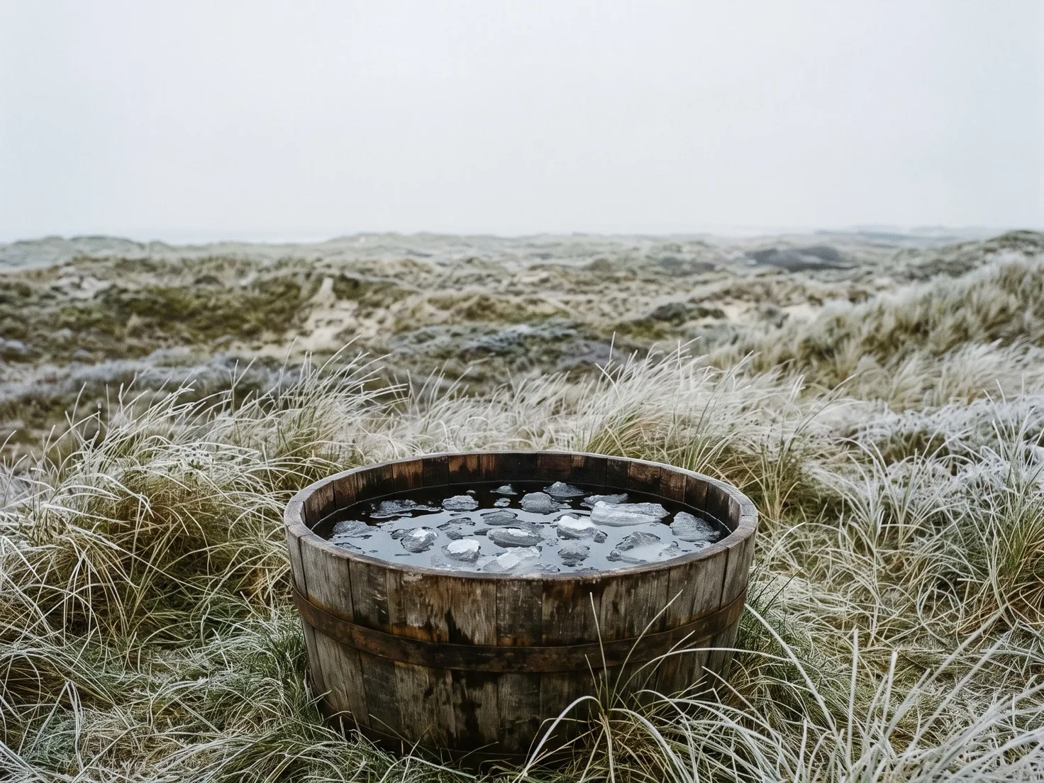 Een houten tobbe met donker water en drijvende stukken ijs tussen berijpt duingras, onder een grijze winterlucht.