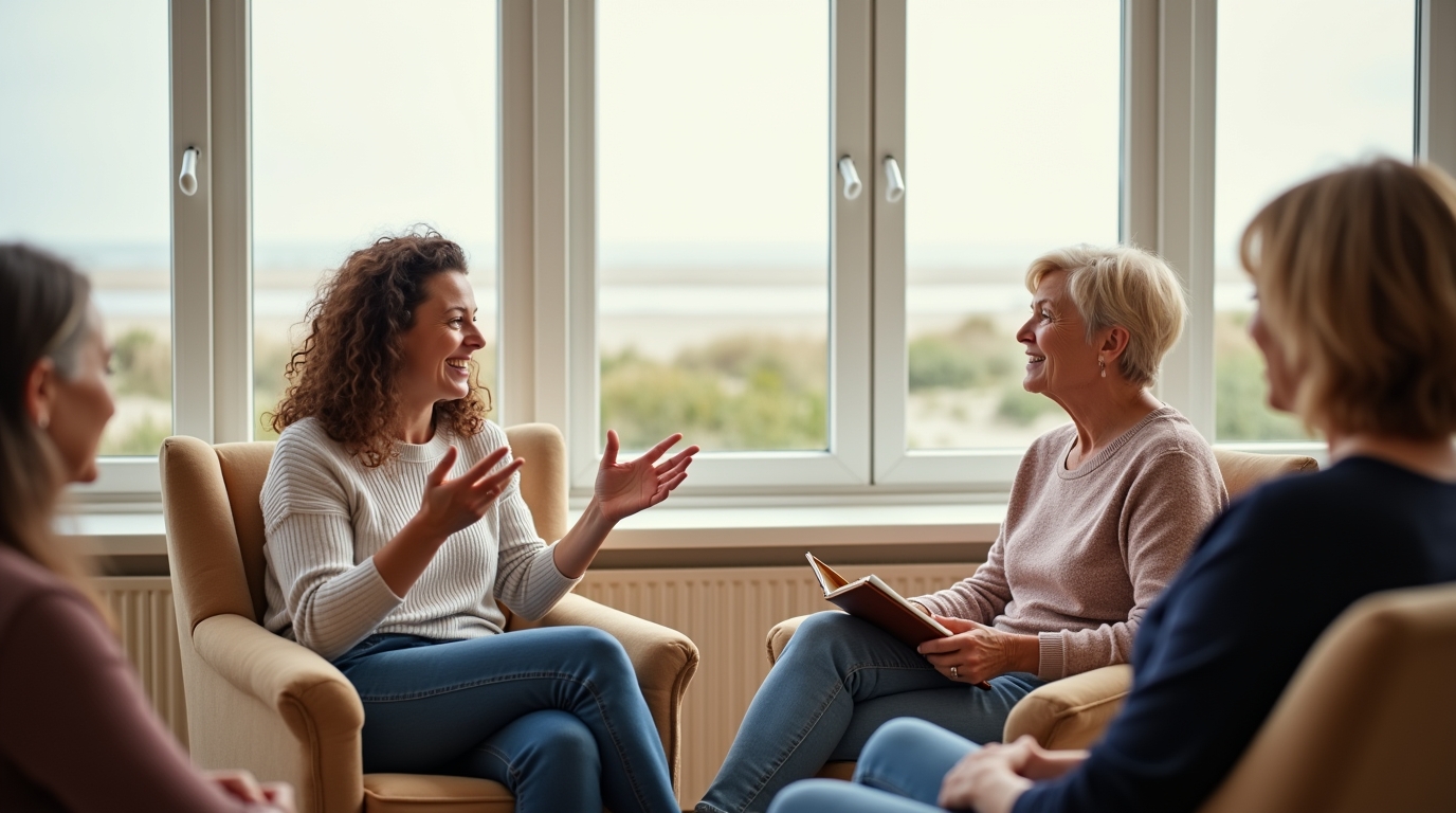 Een gesprek in een kleine groep met uitzicht op zee